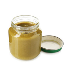Baby food. Tasty puree in glass jar isolated on white