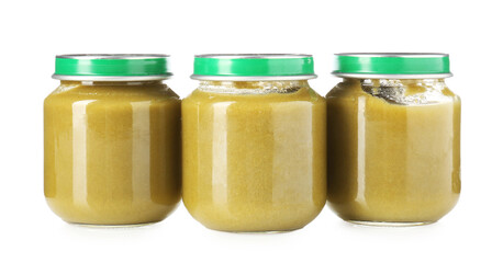 Baby food. Tasty puree in glass jars isolated on white