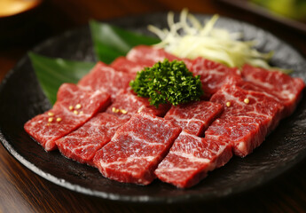 Fototapeta premium Kanazawa beef, cut into pieces and placed on the plate in the Japanese style, with rich marbling that gives it an attractive appearance