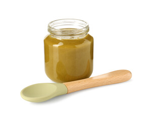 Baby food. Tasty puree in glass jar and spoon isolated on white