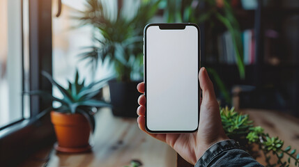 Mockup image of a woman holding mobile phone with blank desktop white screen at home Young architect man holding mobile phone with white blank empty screen, Generative AI