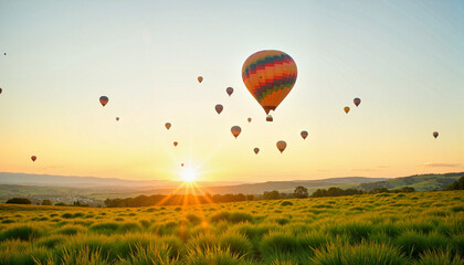 Obraz premium Colorful hot air balloons soaring over a sunlit green field 