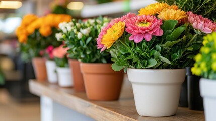 Rustic flower shop with natural decor Concept, Cozy shop interior featuring beautifully arranged seasonal flowers in vibrant pots