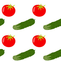 Fresh vegetables in a repeating pattern featuring red tomatoes and green cucumbers on a white backdrop