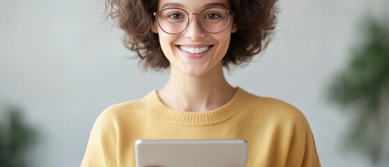 Smiling woman holding tablet device