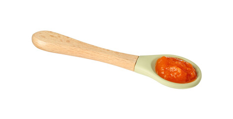 Baby food. Tasty puree in spoon isolated on white