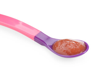 Baby food. Tasty puree in spoon isolated on white