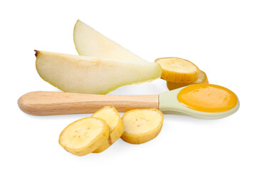 Baby food. Tasty puree in spoon, banana and pear isolated on white