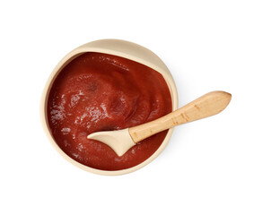 Baby food. Tasty puree in bowl and spoon isolated on white, top view