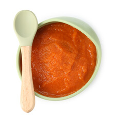 Baby food. Tasty puree in bowl and spoon isolated on white, top view