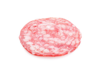 Slice of tasty smoked sausage on white background