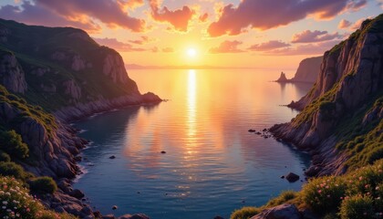 Fototapeta premium Illustrate an enchanting coastal view at sunset, with a golden sun lowering into the horizon