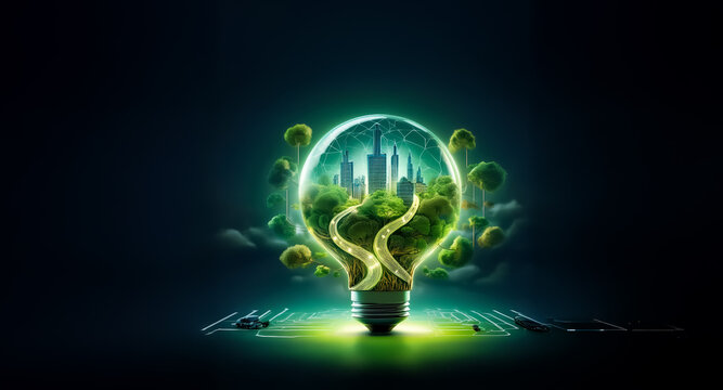 Green cityscape inside a glowing light bulb, symbolizing eco-friendly energy and sustainable urban innovation for a bright, futuristic environment.