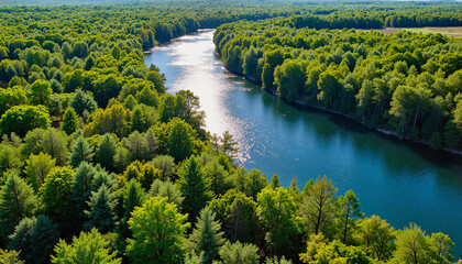 Aerial view of serene river flowing through lush green forests  