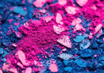 Vibrant Magenta and Blue Powder with Shimmering Particles on Dark Surface for Creative Abstract Background or Textures