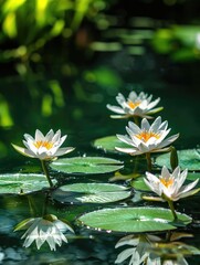 White Water Lilies Floating Gracefully on Calm Reflective Water Surface