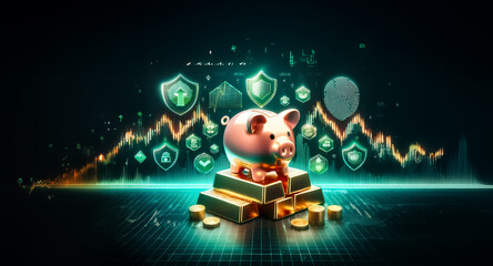 Piggy bank atop gold bars, surrounded by digital security shields and financial graphs. Depicts safe investment, savings growth and financial security in a digital world.