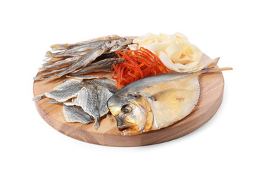 Many different dried fish snacks isolated on white