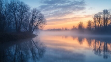 Obraz premium Enigmatic dawn riverbank: Silhouettes of trees dance with misty reflections