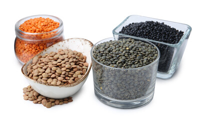 Different types of lentils isolated on white