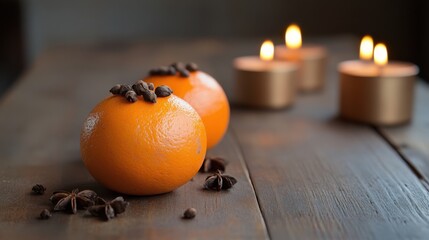 Fresh Oranges with Star Anise and Candles on Wooden Table for Cozy Atmosphere and Aromatic Appeal