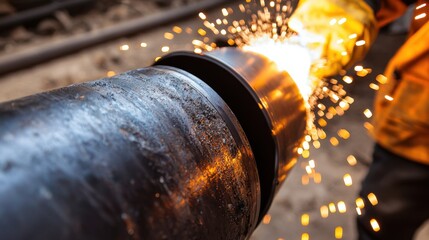 Rusty pipes being cleaned and repaired Concept, Close-Up of Newly Welded Section of Pipe with Sparks During Welding Process in Industrial Setting