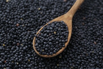 Raw black lentils and spoon as background, closeup view
