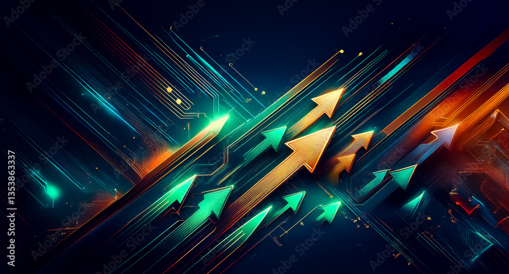 Wall mural abstract tech background with arrows pointing up, illuminated trails suggesting forward motion, grow