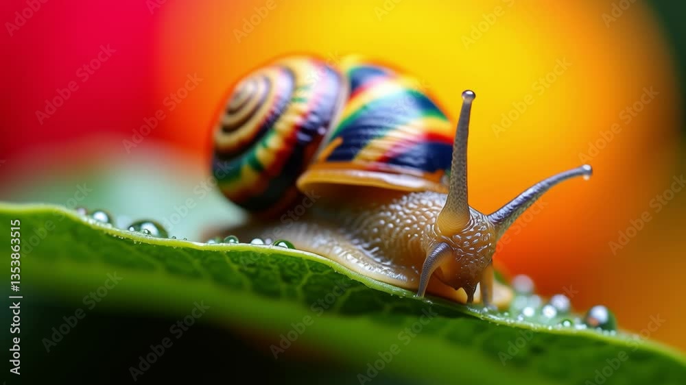 Poster close-up of a colorful snail on a dewy leaf with vibrant background blurring in natural light