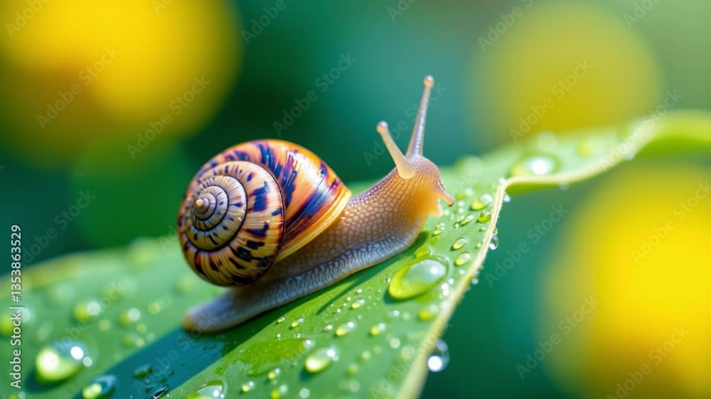 Poster close-up of a colorful snail on a dewy leaf with vibrant background blurring in natural light