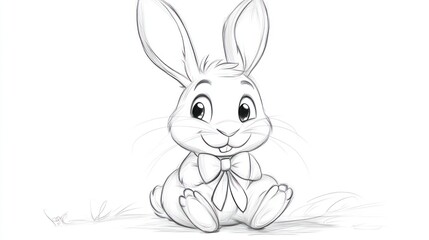 Fototapeta premium Adorable bunny rabbit sketch, wearing a bow tie, sitting in grass