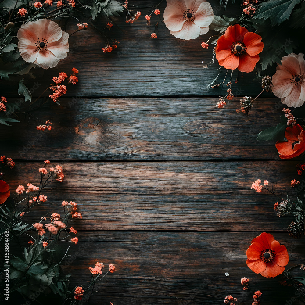 Poster a beautiful arrangement of colorful flowers framing a rustic wooden background, creating a serene an