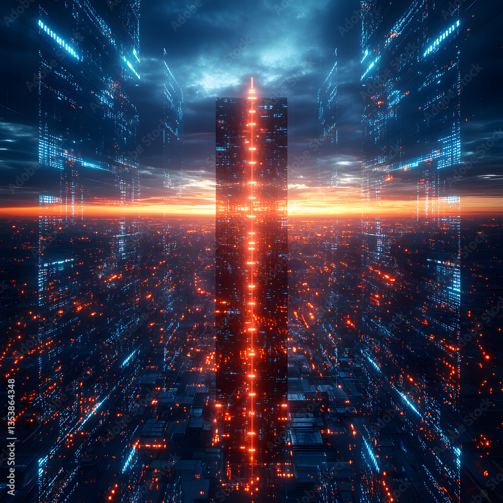 Aufkleber a futuristic cityscape with a towering illuminated structure amidst a digitally enhanced environment