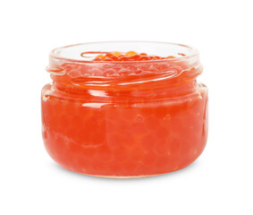 Delicious red caviar in jar isolated on white