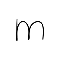 Slim letter m of latin english language. Black font symbol in hand drawn doodle style. Vector illustration isolated on white background. For presentation, logo, branding, font, education.