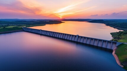 Reservoir dam during sunset Concept, Aerial View of Reservoir Dam Surrounded by Lush Landscape Under Vivid Sunset with Colorful Sky Reflection