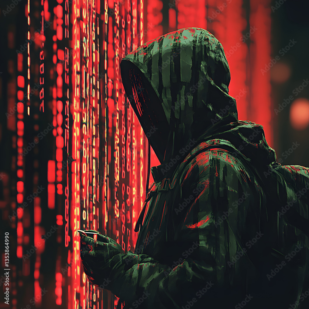 Aufkleber a hooded figure stands before a glowing red backdrop filled with digital code, evoking themes of tec
