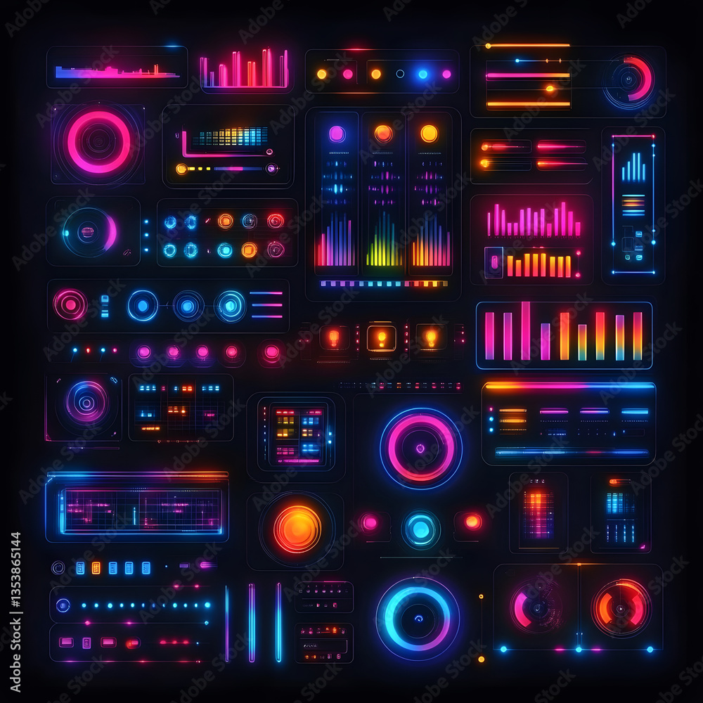 Poster a vibrant, futuristic dashboard featuring colorful sound waves, graphs, and buttons, designed for di