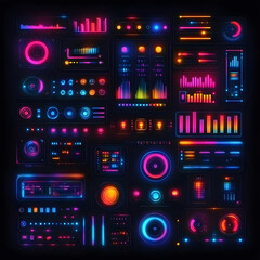 A vibrant, futuristic dashboard featuring colorful sound waves, graphs, and buttons, designed for digital interfaces or music production