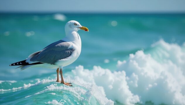 Close-up of a seagull perched on a wave crest , wildlife, bird - Powered by Adobe