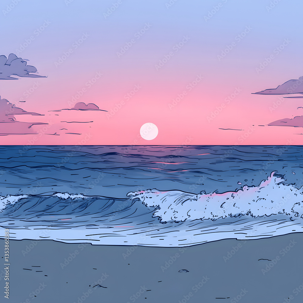 Aufkleber a serene ocean sunset, with gentle waves lapping at the shore under a pastel sky, creating a tranqui