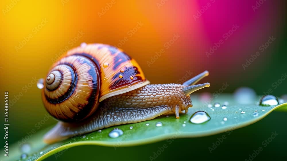 Poster close-up of a colorful snail on a dewy leaf with vibrant background blurring in natural light
