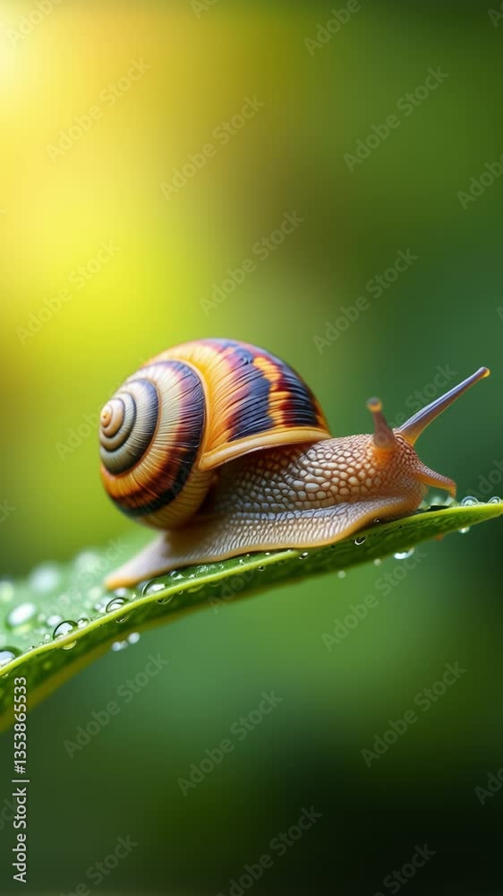 Aufkleber close-up of a colorful snail on a dewy leaf with vibrant background blurring in natural light