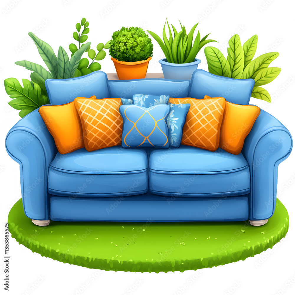 Aufkleber a vibrant blue couch adorned with colorful pillows, surrounded by lush greenery in decorative pots, 