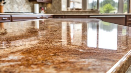 Elegant granite countertop with polished surface in modern kitchen interior, showcasing natural patterns and reflections