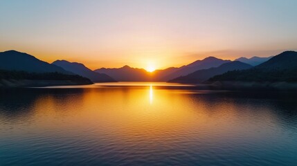 Reservoir dam during sunset Concept, Golden Sunset Light Reflecting on Water with Mountain Silhouette in Background