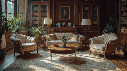 Fototapeta premium Sunlit antique living room with ornate furniture, bookshelves, and plants.