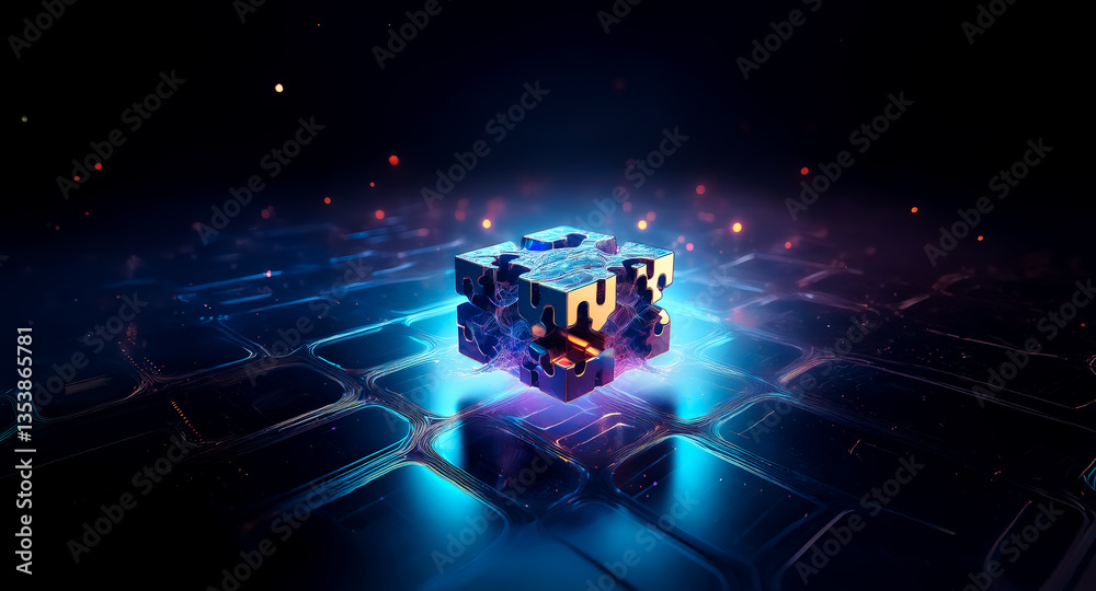Aufkleber a glowing cube with intricate patterns rests on a surface with neon lines. sparks of light float in 