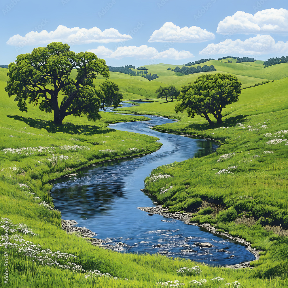 Poster a serene landscape featuring a winding river surrounded by lush green fields and trees under a brigh