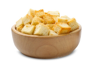 Delicious crispy croutons in bowl isolated on white